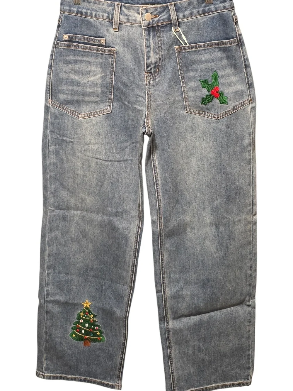 Women’s Gray Boot Cut Jeans with Holiday Embroidery - Picture 1 of 6